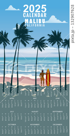 Calendar Monthly 2025 California Malibu Beach retro travel poster vector 132907628