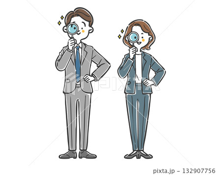 虫眼鏡をのぞくビジネスパーソン　全身　ベクター 132907756