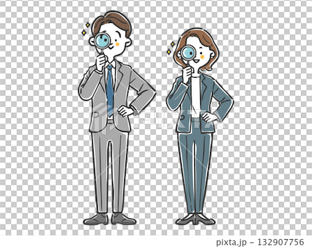 虫眼鏡をのぞくビジネスパーソン　全身　ベクター 132907756