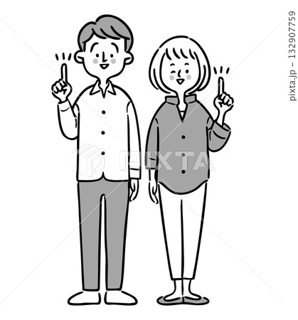 指差しをする若い夫婦 全身 ベクター(モノクロ) 指差しをする若い夫婦 全身 ベクター(モノクロ) 132907759
