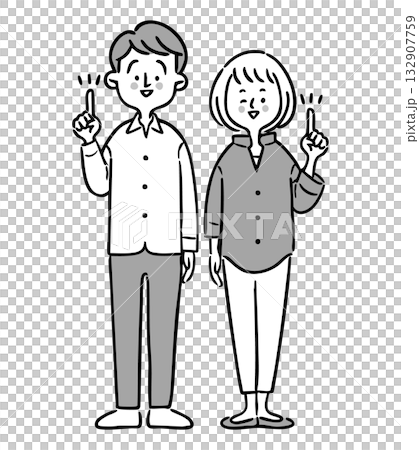 指差しをする若い夫婦 全身 ベクター(モノクロ) 指差しをする若い夫婦 全身 ベクター(モノクロ) 132907759