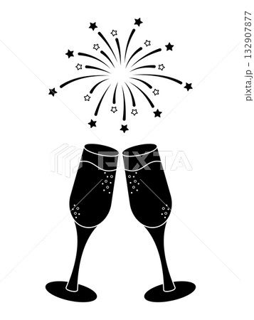 Champagne glasses clinking with fireworks silhouette. Festive celebration vector illustration for New Year, wedding, anniversary, party, or holiday greeting design. Elegant black and white minimal art 132907877