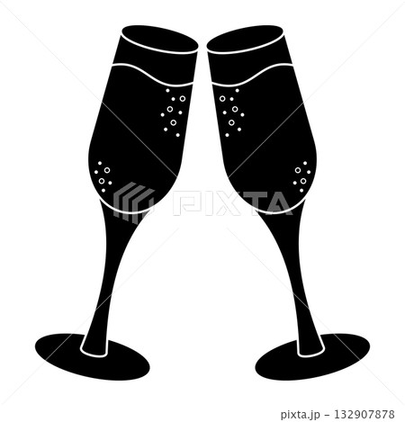 Two clinking champagne glasses. Black silhouette of two champagne glasses clinking with bubbles. Minimal elegant icon of sparkling wine toast for celebration, party, love, wedding, anniversary 132907878