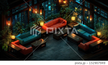 Cozy Indoor Lounge with Colorful Sofas and Ambient Lighting Cozy Indoor Lounge with Colorful Sofas and Ambient Lighting 132907949