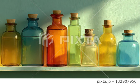 Colorful Glass Bottles on a Shelf with Natural Light Reflection Colorful Glass Bottles on a Shelf with Natural Light Reflection 132907956
