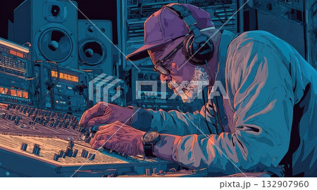 Vintage Sound Engineer Working with Music Equipment in Studio Vintage Sound Engineer Working with Music Equipment in Studio 132907960