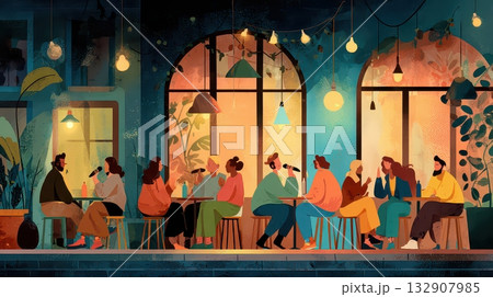 Cozy Evening Gathering in a Modern Cafe with Colorful Lighting 132907985
