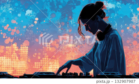 DJ Mixing Music at Sunset with Colorful Abstract Background 132907987