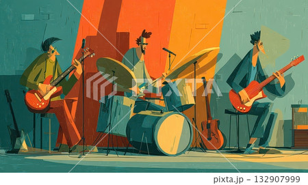 Colorful Illustration of Three Musicians Performing in a Band Colorful Illustration of Three Musicians Performing in a Band 132907999