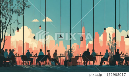 Urban Cafe Scene with Customers and City View at Sunset Urban Cafe Scene with Customers and City View at Sunset 132908017