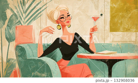 Elegant Woman Relaxing with Cocktail in Stylish Retro Lounge 132908036