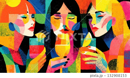 Vibrant Abstract Illustration of Three Women Enjoying Colorful Drinks Vibrant Abstract Illustration of Three Women Enjoying Colorful Drinks 132908153