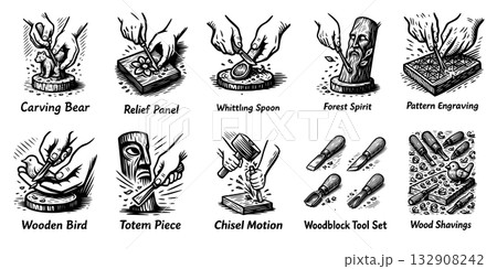 木彫り工房の職人たち、Wood Carving Studio 132908242