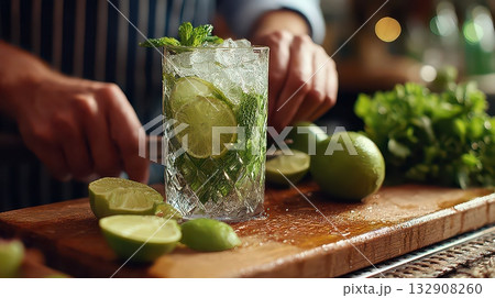 Refreshing Mojito Preparation with Fresh Lime and Mint Leaves Refreshing Mojito Preparation with Fresh Lime and Mint Leaves 132908260