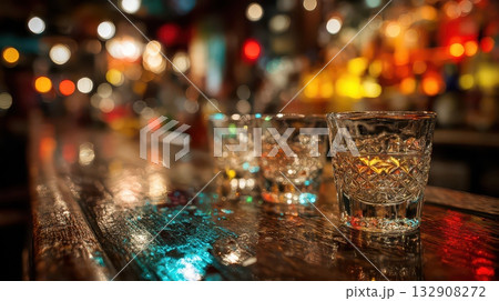 Glimmering Glasses of Alcoholic Drink on Bar Top with Bokeh Lights 132908272