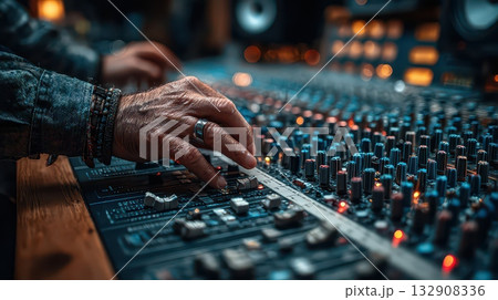 Hands Adjusting Controls on Audio Mixing Console in Recording Studio 132908336