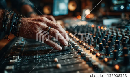 Close-Up of Hand Adjusting Audio Mixer Controls in Recording Studio 132908338