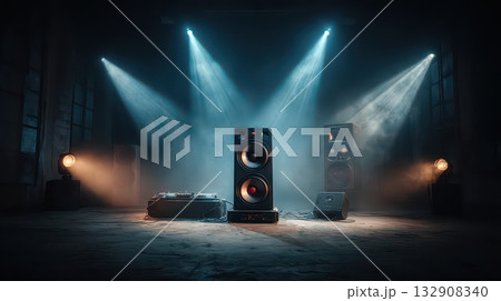 Dramatic Lighting in an Abandoned Warehouse with Sound Equipment 132908340