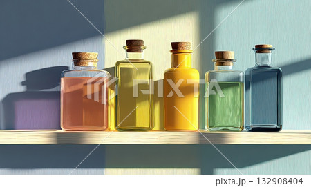 Colorful Glass Bottles on Shelf with Soft Shadows and Light Play 132908404