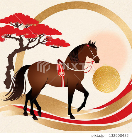 馬の和風モダンなイラスト年賀状テンプレート 132908485