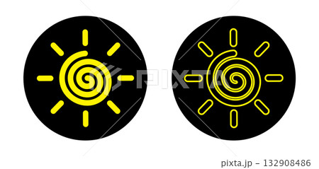 Sun icons in outline style. Vector illustration of spiral sun symbols in black and yellow colors, representing summer, light and warmth. Sun icons in outline style. Vector illustration of spiral sun symbols in black and yellow colors, representing summer, light and warmth. 132908486