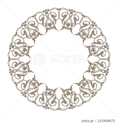 Elegant gold round frame with classic floral pattern. Refined border. Floral plate. Design is reminiscent of exquisite porcelain, earthenware, ceramics, laser cutting, engraving. Round floral frame. 132908672