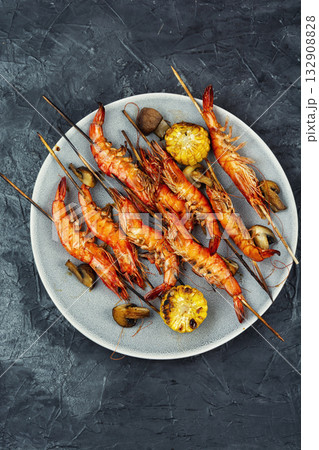 Shrimp kebab, skewers with grilled langoustines. Shrimp kebab, skewers with grilled langoustines. 132908828