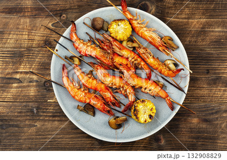 Shrimp kebab, skewers with grilled langoustines. Shrimp kebab, skewers with grilled langoustines. 132908829