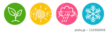 Set of four season icons with green sprout, yellow sun, pink rainy cloud and blue snowflake. Bright vector illustration of spring, summer, autumn and winter. Set of four season icons with green sprout, yellow sun, pink rainy cloud and blue snowflake. Bright vector illustration of spring, summer, autumn and winter. 132908948
