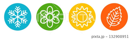 Set of four seasons vector icons showing nature symbols: blooming flower, hot sun, falling leaf and snowflake. Simple modern line design. 132908951