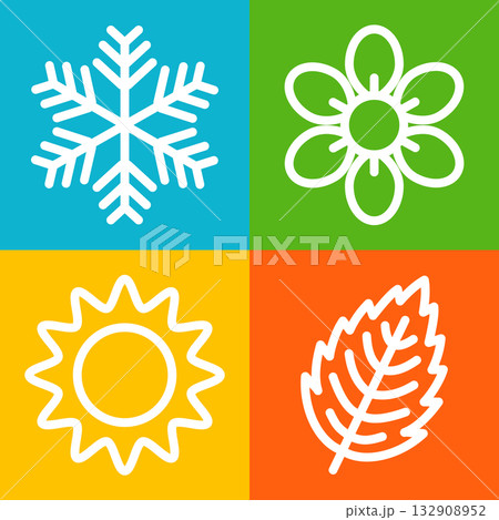 Four seasons vector icons with sun, flower, leaf and snowflake. Colorful symbols of summer, spring, autumn and winter in simple flat style. 132908952