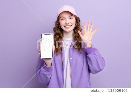 A young person holds a phone and waves with their other hand. A young person holds a phone and waves with their other hand. 132909103