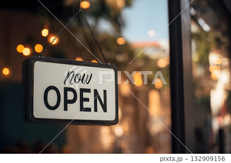 A sign shows the message now open for business. A sign shows the message now open for business. 132909156