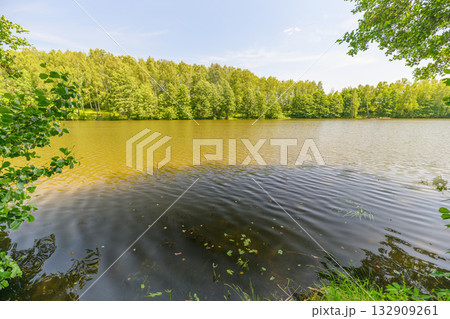 A Serene Lakeside View that is Beautifully Surrounded by Lush Greenery and Nature 132909261