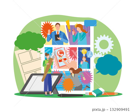 漫画家と漫画原稿のイメージイラスト 132909491