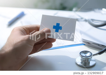 Hand holds card with blue medical cross symbol near stethoscope in healthcare office. Hand holds card with blue medical cross symbol near stethoscope in healthcare office. 132909817