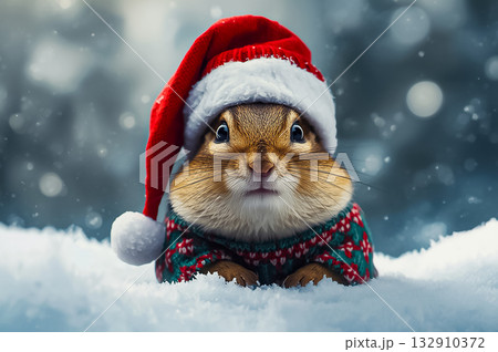 A Chipmunk standing in fluffy snow with winter clothes and Santa Claus hat. 132910372