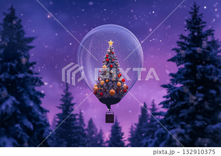A balloon floating in the purple sky, filled with a colorful illuminated Christmas tree, in the pine forest during snow is falling. A balloon floating in the purple sky, filled with a colorful illuminated Christmas tree, in the pine forest during snow is falling. 132910375