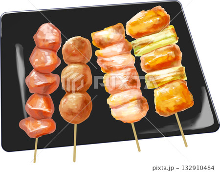 皿にのった手書き風焼き鳥のイラスト 132910484