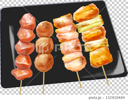 皿にのった手書き風焼き鳥のイラスト 132910484