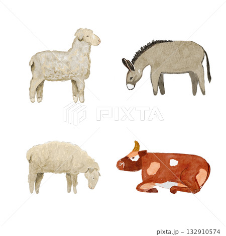 Cow, donkey, two sheep. Watercolor farm animals set isolated on white background. Ideal for Christmas nativity scenes, childrens books, or farm themed designs, cards, banners web and printed design Cow, donkey, two sheep. Watercolor farm animals set isolated on white background. Ideal for Christmas nativity scenes, childrens books, or farm themed designs, cards, banners web and printed design 132910574
