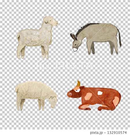Cow, donkey, two sheep. Watercolor farm animals set isolated on white background. Ideal for Christmas nativity scenes, childrens books, or farm themed designs, cards, banners web and printed design Cow, donkey, two sheep. Watercolor farm animals set isolated on white background. Ideal for Christmas nativity scenes, childrens books, or farm themed designs, cards, banners web and printed design 132910574