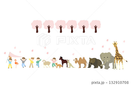 春の子供と動物たちが仲良く並んでいるイラスト 132910708