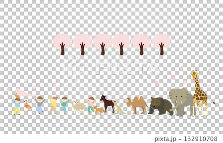 春の子供と動物たちが仲良く並んでいるイラスト 132910708