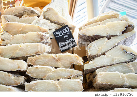 A large stack of premium, thick-cut, salted and dried codfish (Bacalhau) A large stack of premium, thick-cut, salted and dried codfish (Bacalhau) 132910750