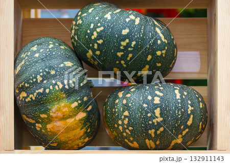 Close up of three green pumpkins lying on wooden background, autumn harvest season, groud vegetable 132911143