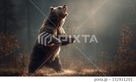威嚇するヒグマ 132911201