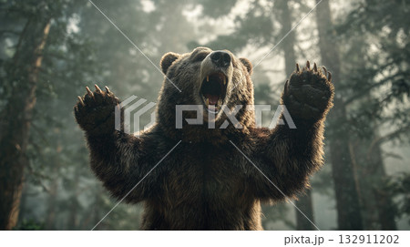 威嚇するヒグマ 132911202