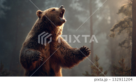 威嚇するヒグマ 132911204