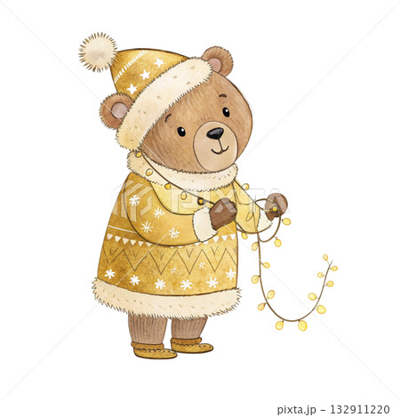 adorable watercolor bear in a gold and cream Christmas outfit 132911220